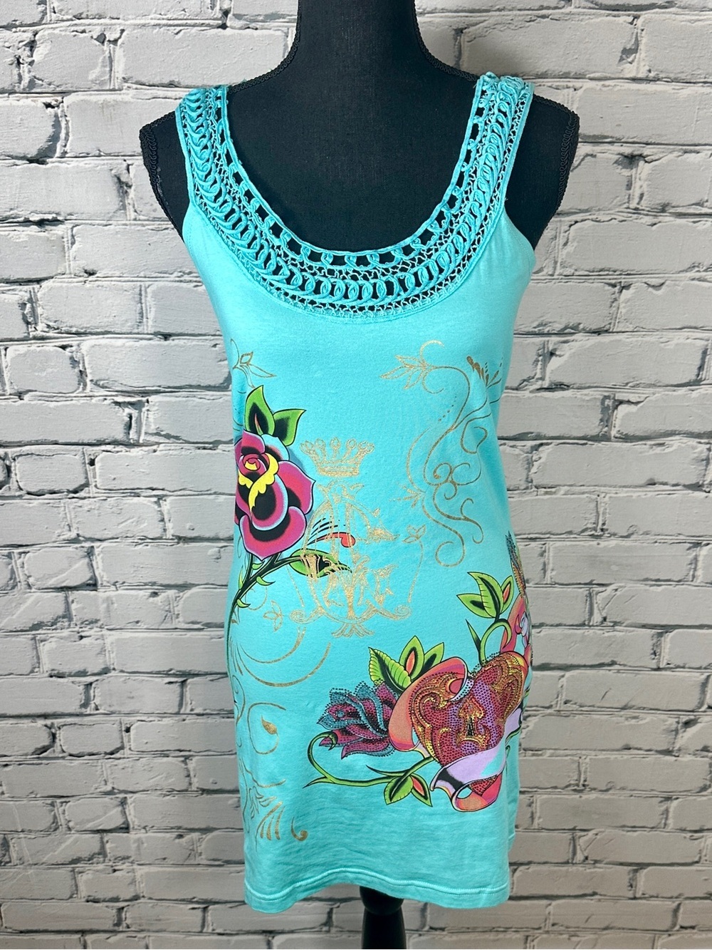 Vintage Christian Audigier Tunic Tank Dress XL Tattoo Y2K Turquoise Rhinestone